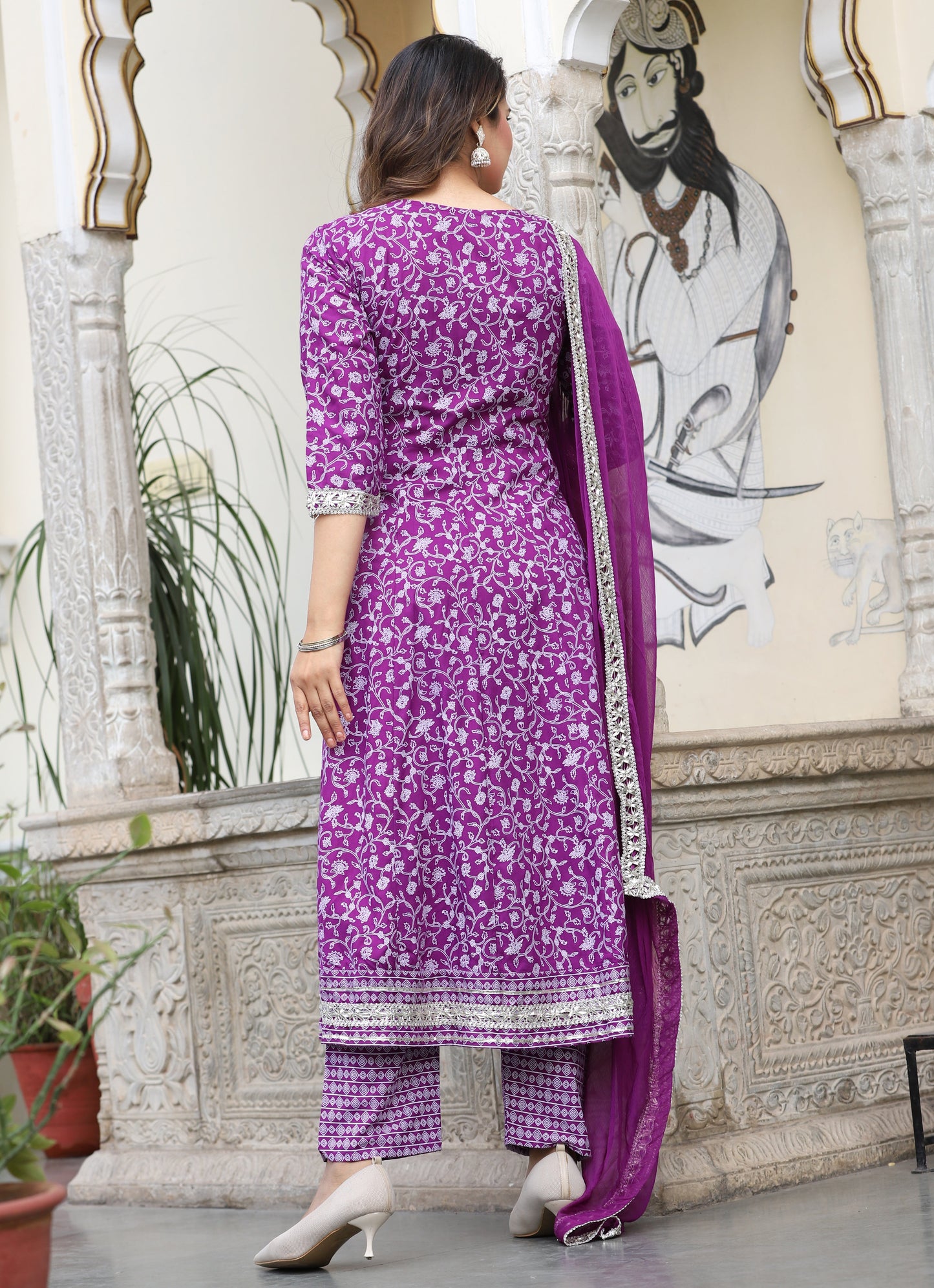 Wine Anarkali Rayon Printed Embroiderd Kurta With Pant And Dupatta