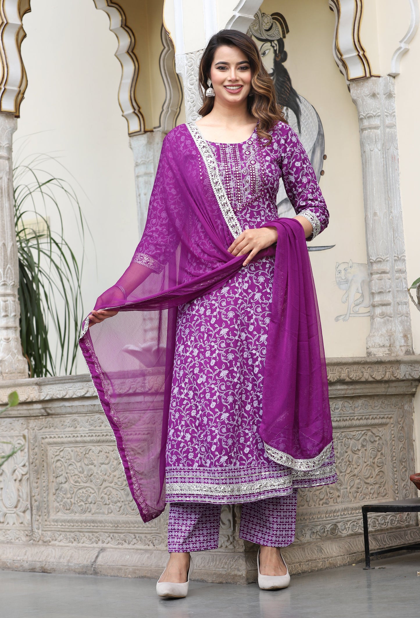 Wine Anarkali Rayon Printed Embroiderd Kurta With Pant And Dupatta