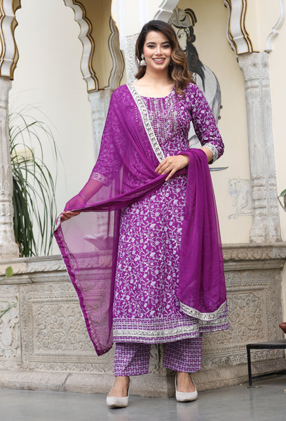 Wine Anarkali Rayon Printed Embroiderd Kurta With Pant And Dupatta