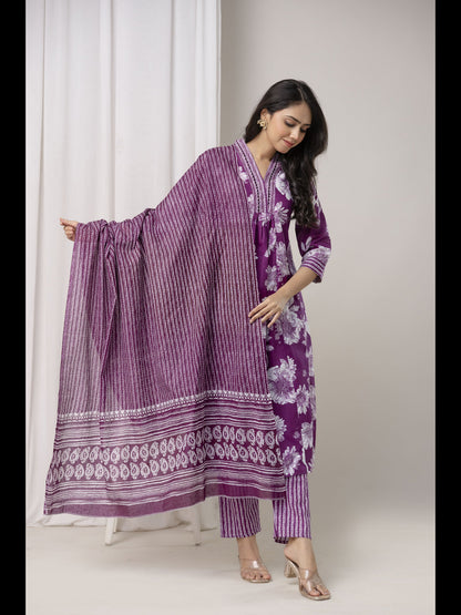 Wine Printed Cotton A-Line Kurta With Pant And Dupatta