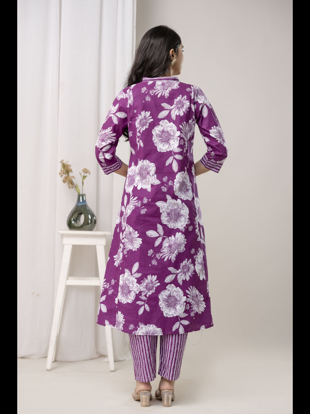 Wine Printed Cotton A-Line Kurta With Pant And Dupatta