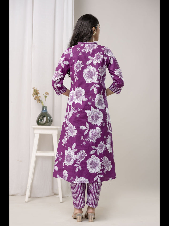 Wine Printed Cotton A-Line Kurta With Pant And Dupatta