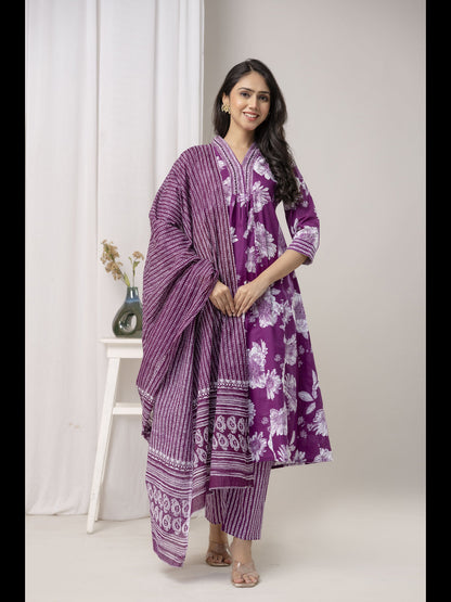 Wine Printed Cotton A-Line Kurta With Pant And Dupatta