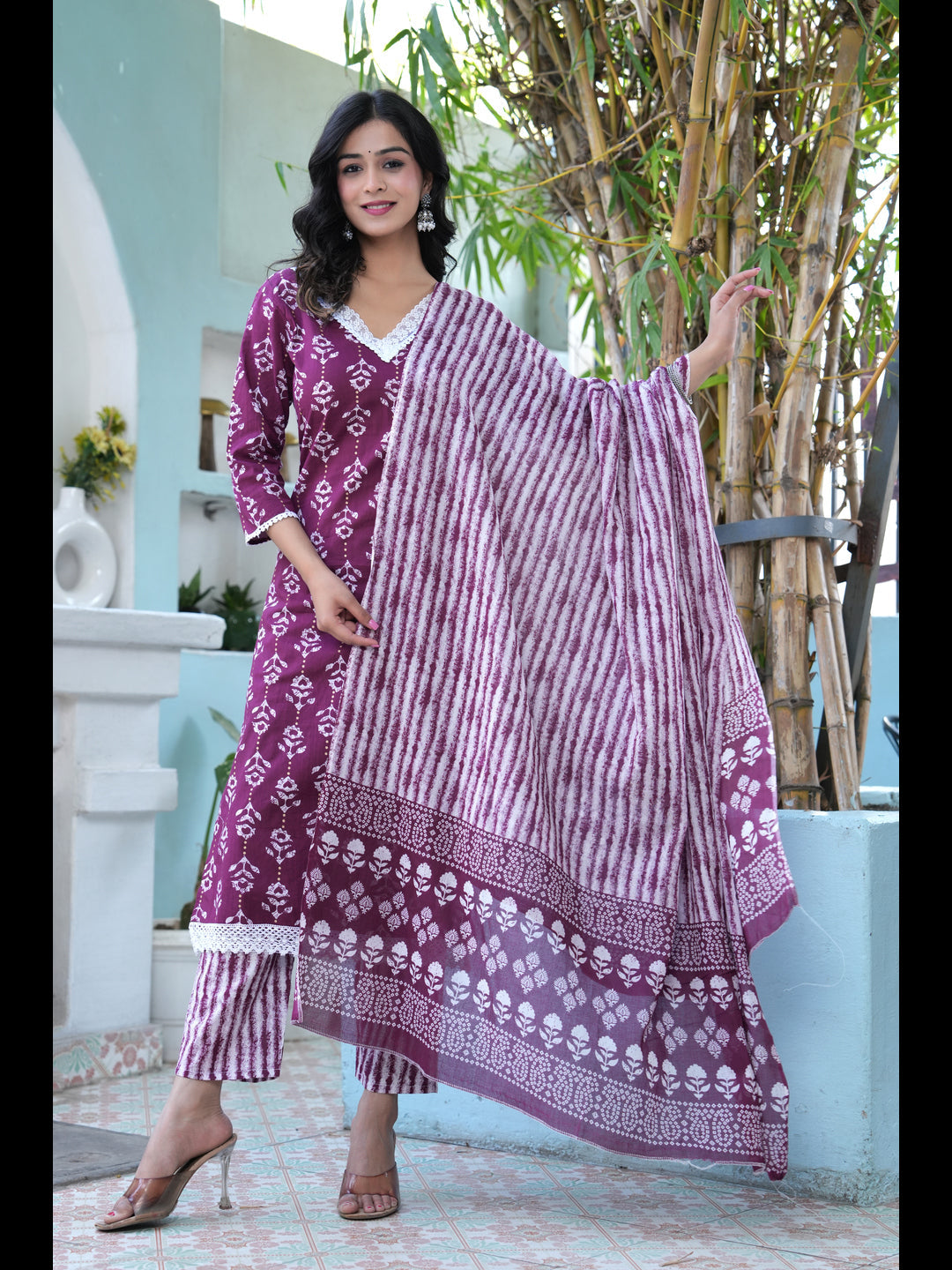 Wine Printed Straight Pure Cotton Kurta With Pant And Dupatta