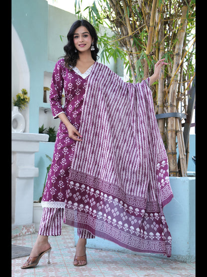 Wine Printed Straight Pure Cotton Kurta With Pant And Dupatta