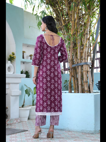 Wine Printed Straight Pure Cotton Kurta With Pant And Dupatta