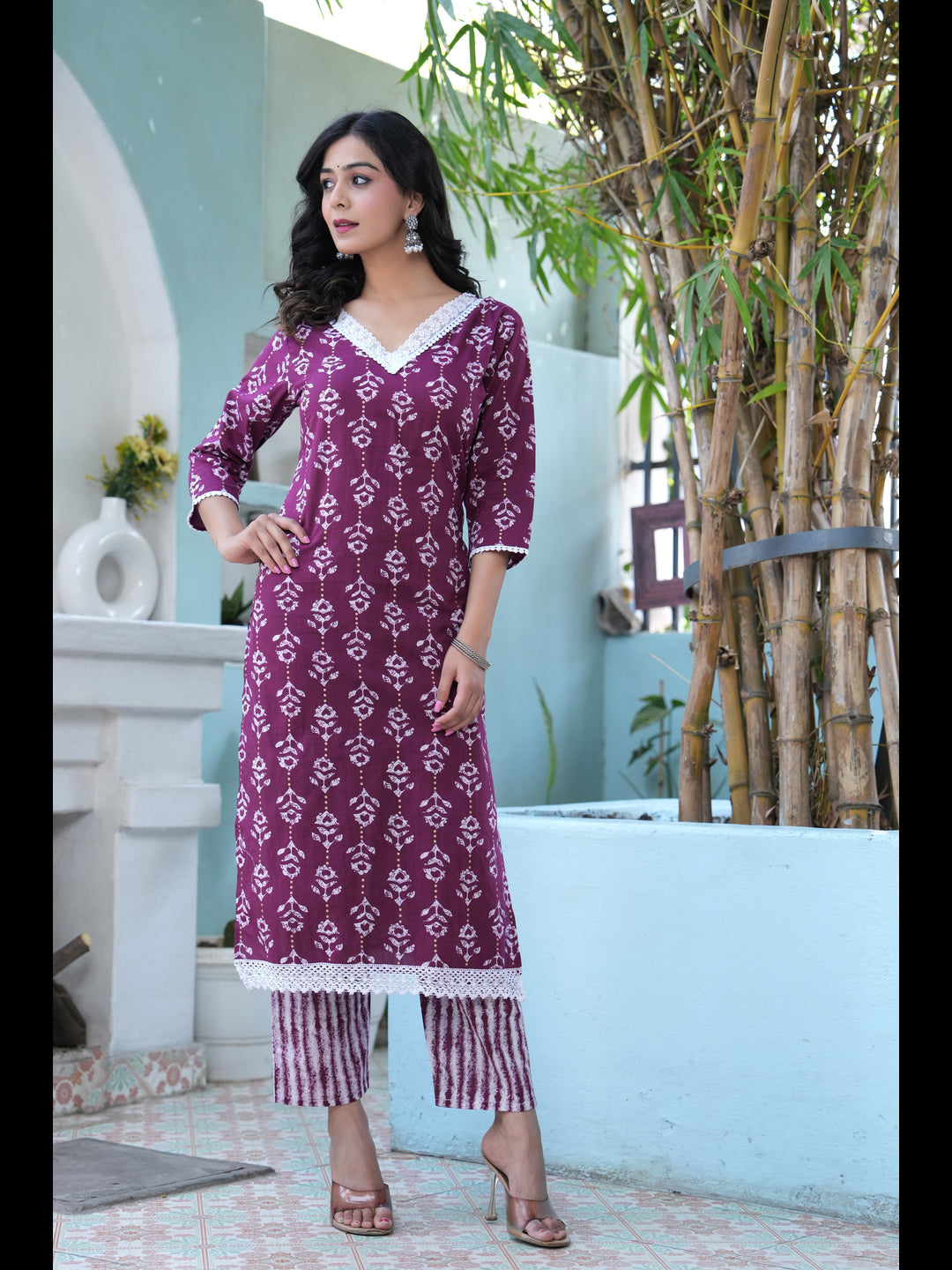 Wine Printed Straight Pure Cotton Kurta With Pant And Dupatta