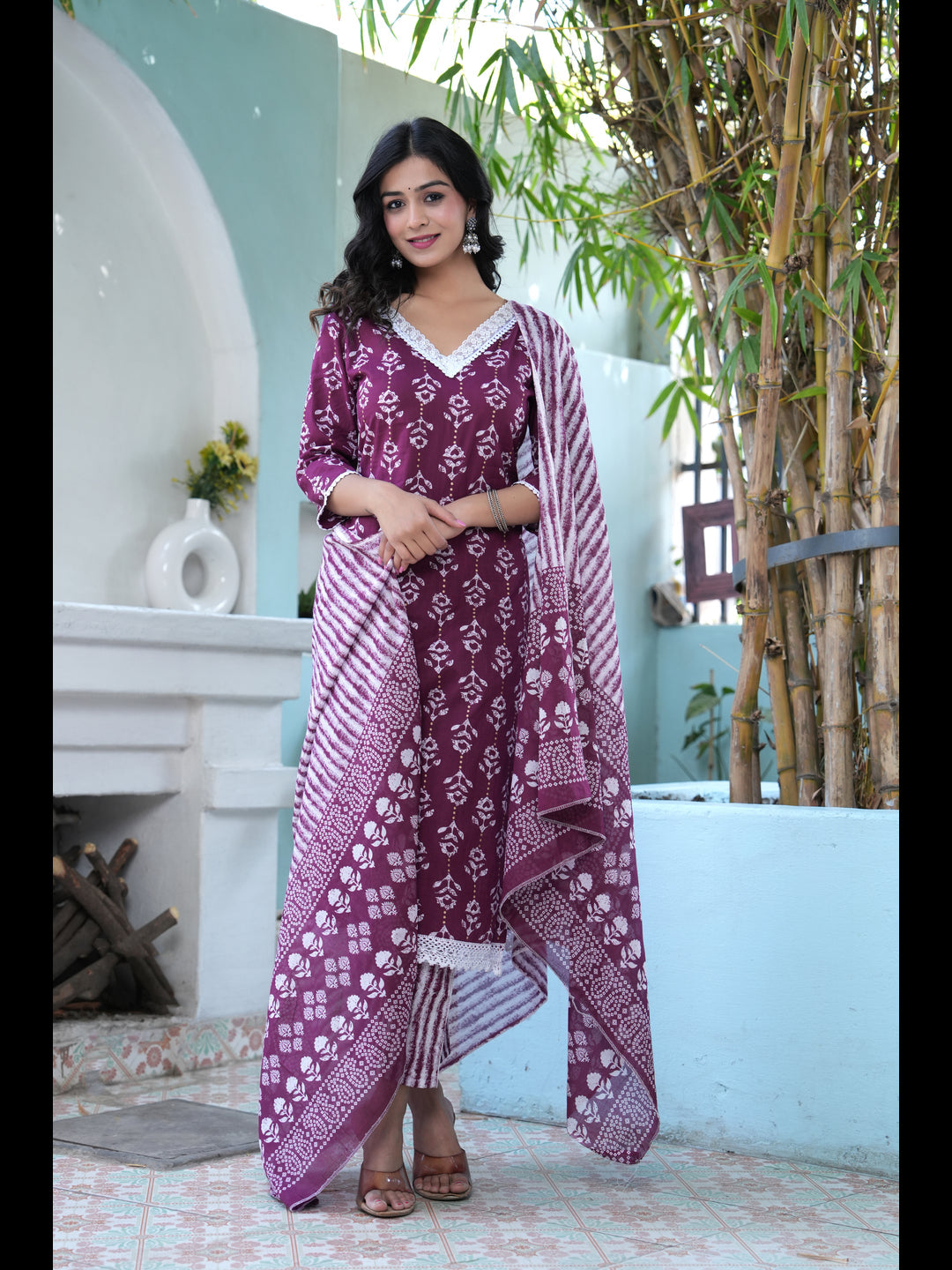 Wine Printed Straight Pure Cotton Kurta With Pant And Dupatta