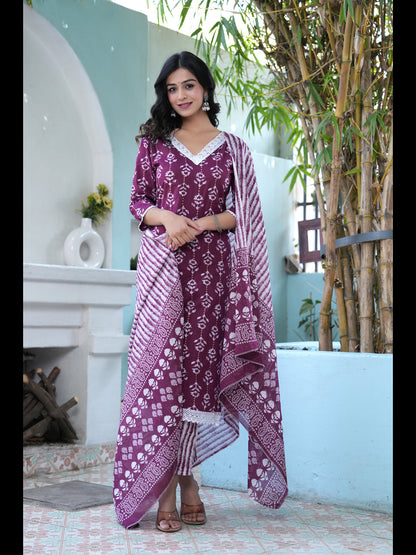 Wine Printed Straight Pure Cotton Kurta With Pant And Dupatta