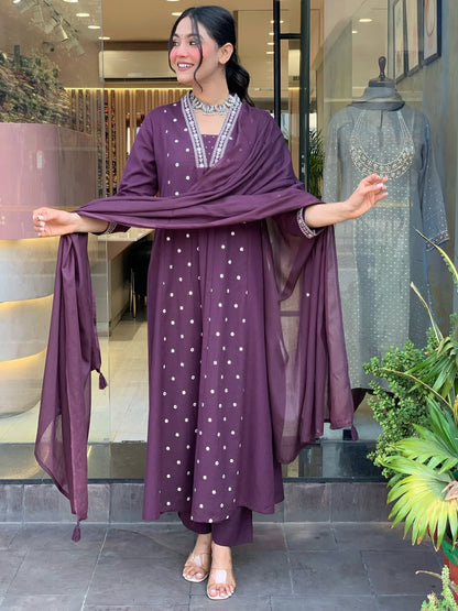 Wine Anarkali Cotton Printd Embellished Kurta With Pant And Dupatta