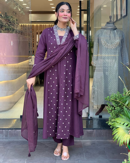 Wine Anarkali Cotton Printd Embellished Kurta With Pant And Dupatta