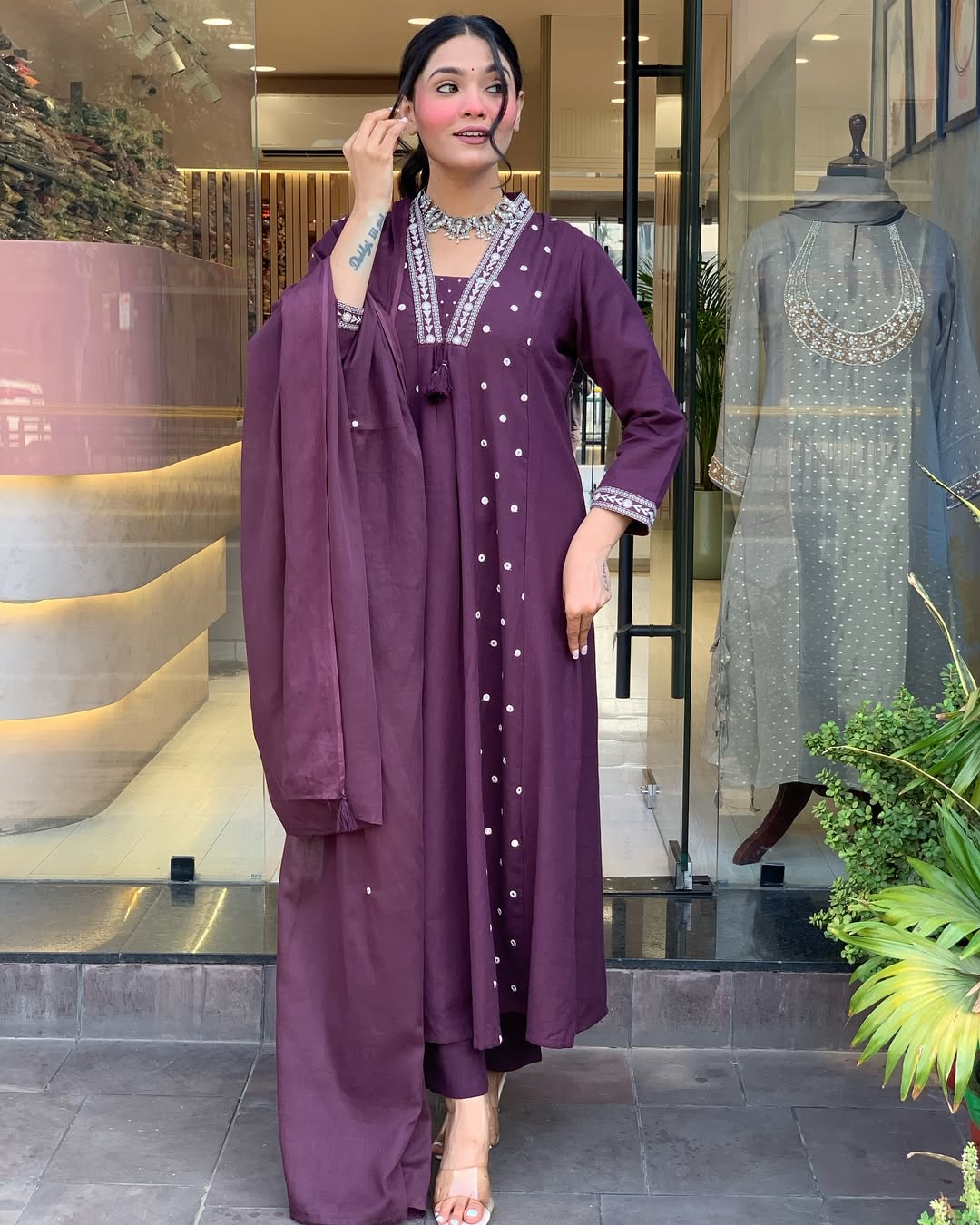 Wine Anarkali Cotton Printd Embellished Kurta With Pant And Dupatta