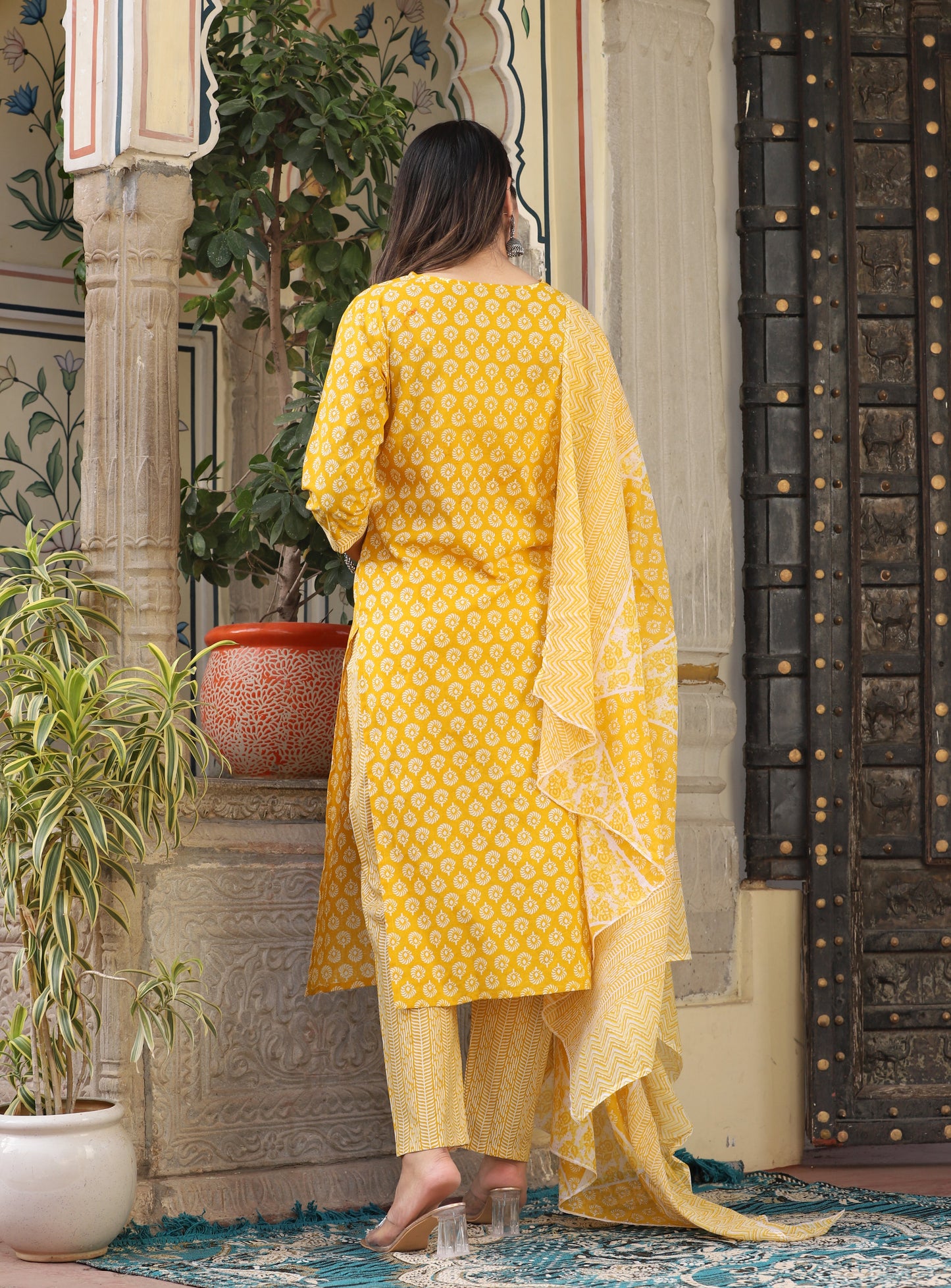 Yellow Straight Cotton Printed Kurta With Pant And Dupatta