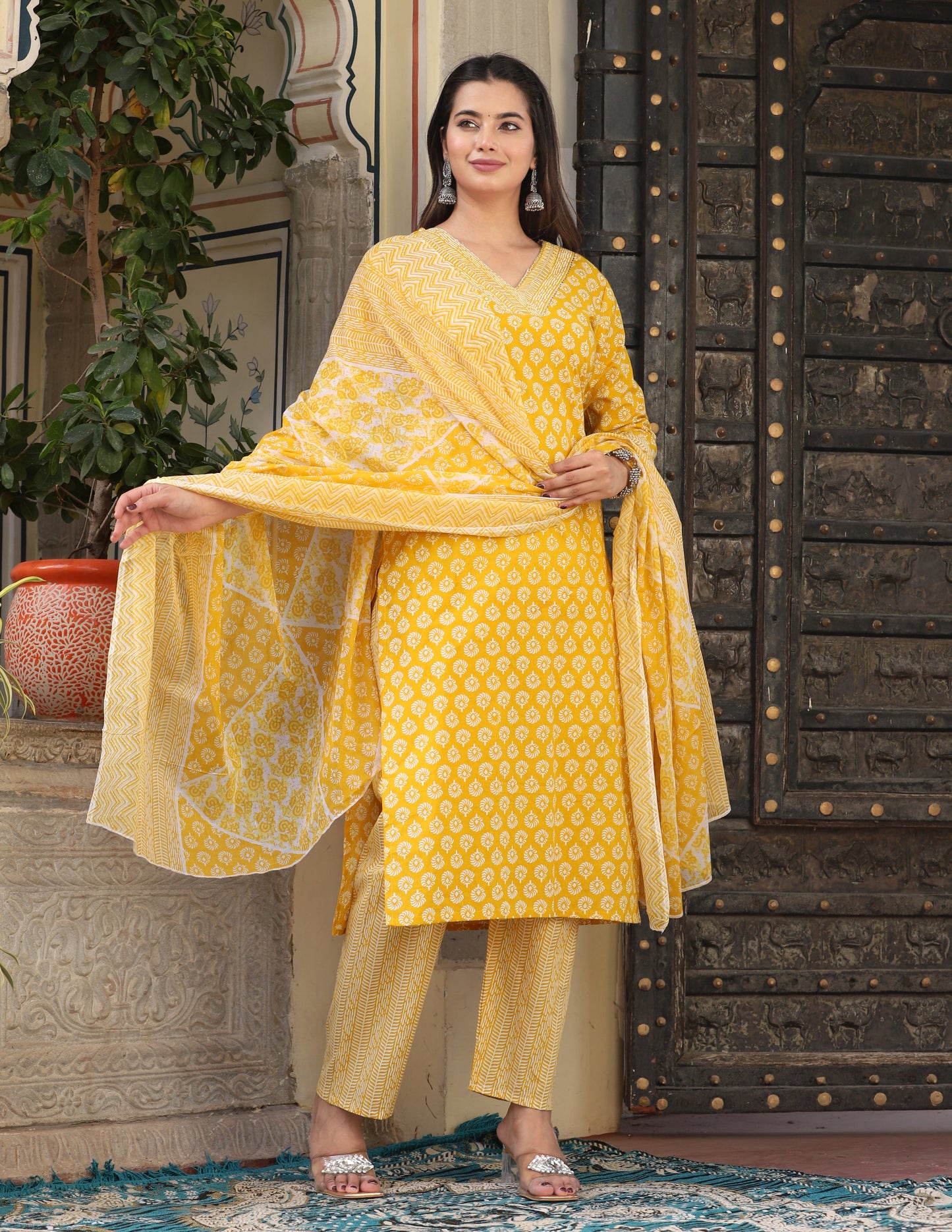 Yellow Straight Cotton Printed Kurta With Pant And Dupatta