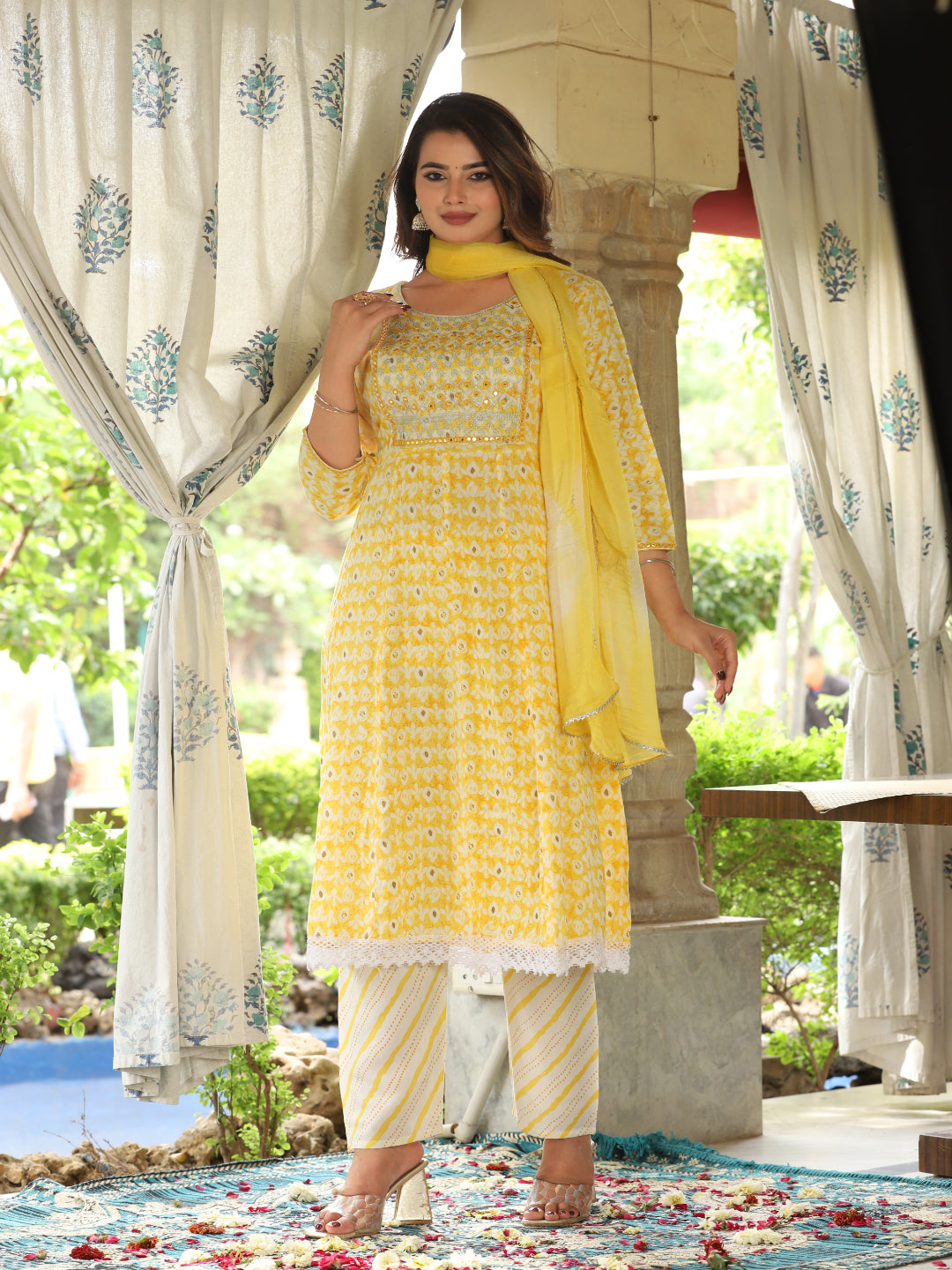 Yellow Anarkali Rayon Printed Embroidered Kurta With Pant Dupatta