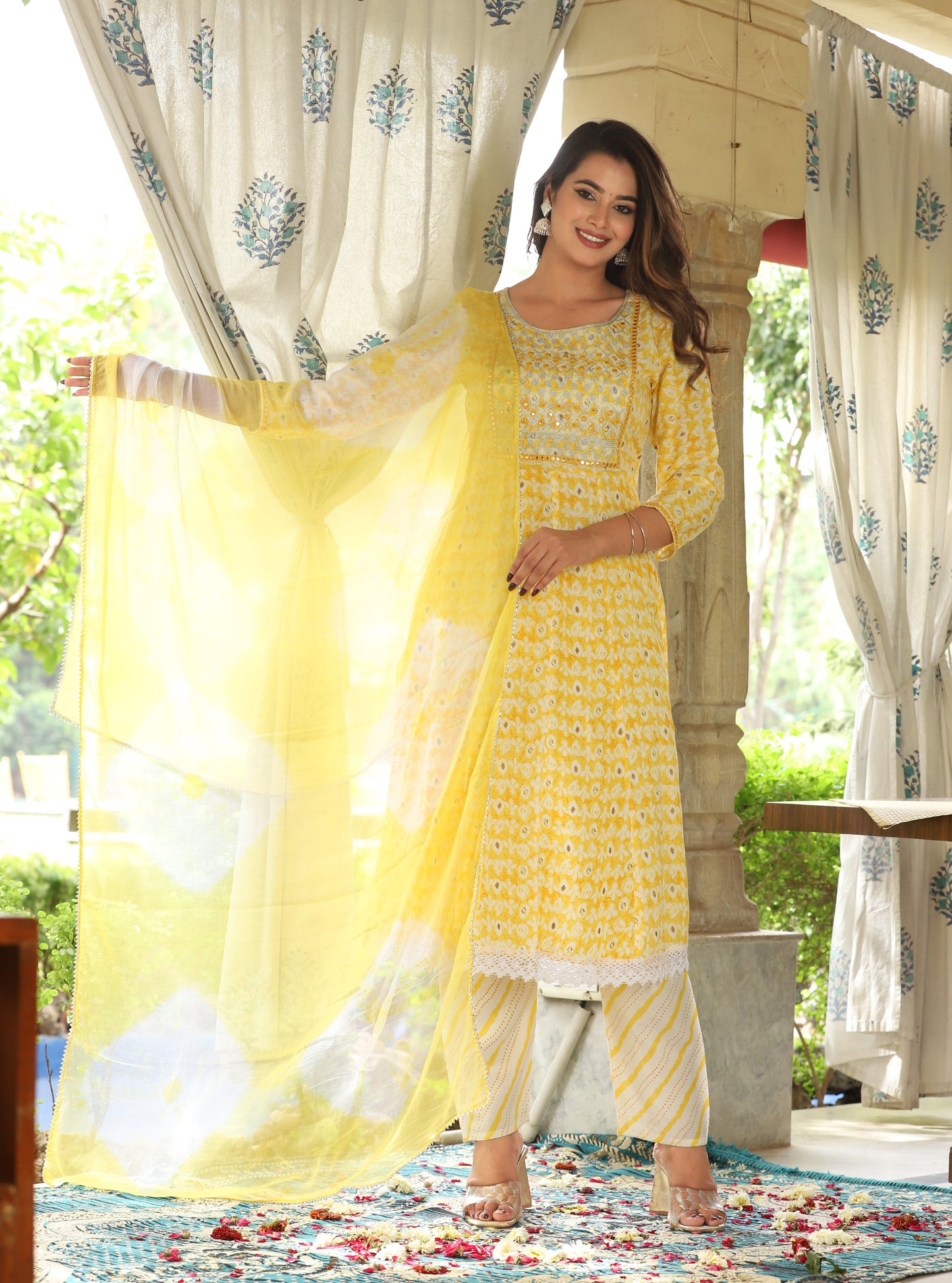 Yellow Anarkali Rayon Printed Embroidered Kurta With Pant Dupatta