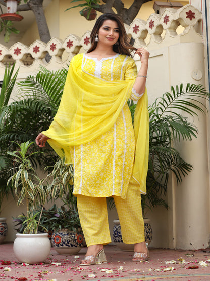 Yellow Straight Rayon Printed Kurta With Pant And Dupatta