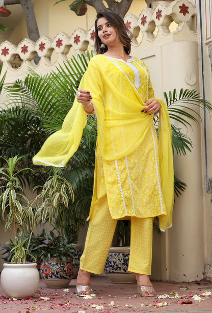 Yellow Straight Rayon Printed Kurta With Pant And Dupatta