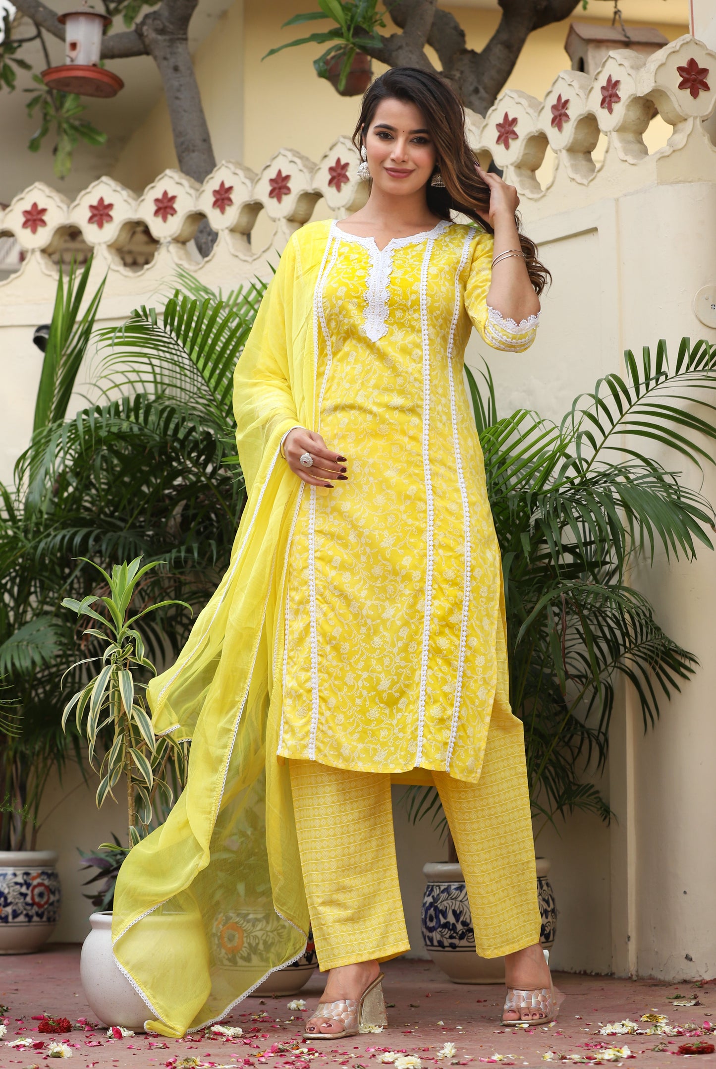 Yellow Straight Rayon Printed Kurta With Pant And Dupatta
