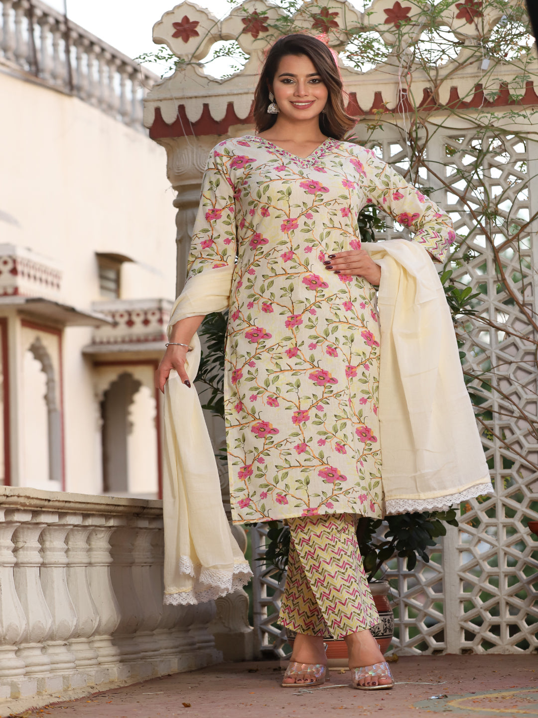 Yellow Straight Cotton Printed Embroidered Kurta With Pant And Dupatta