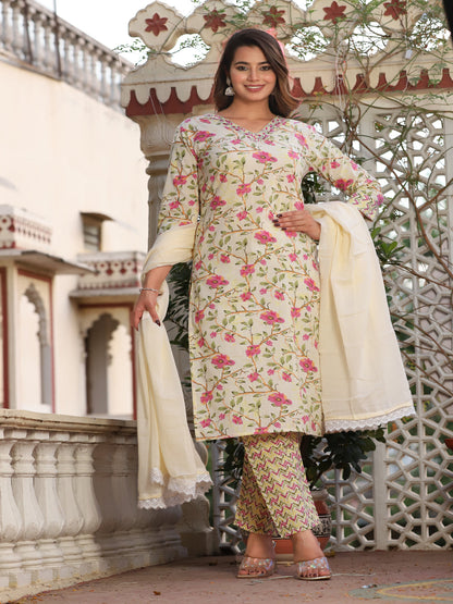 Yellow Straight Cotton Printed Embroidered Kurta With Pant And Dupatta