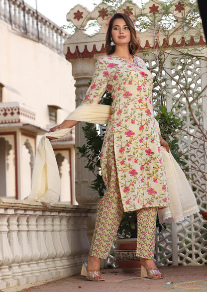 Yellow Straight Cotton Printed Embroidered Kurta With Pant And Dupatta
