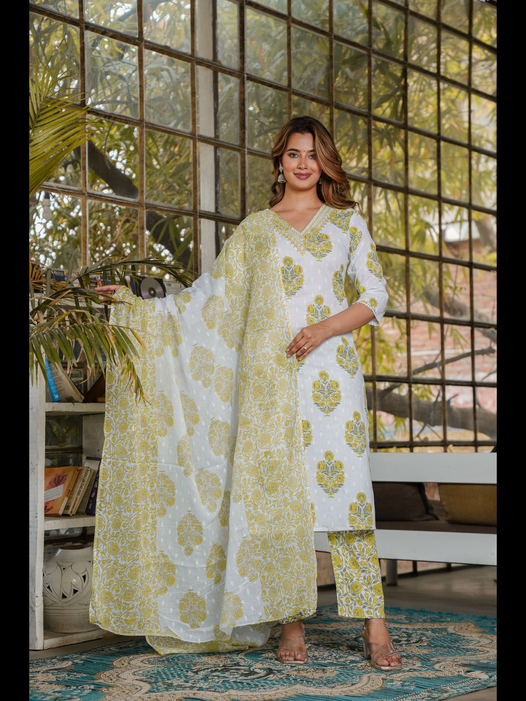 Yellow Straight Cotton Printed Kurta With Pant And Dupatta
