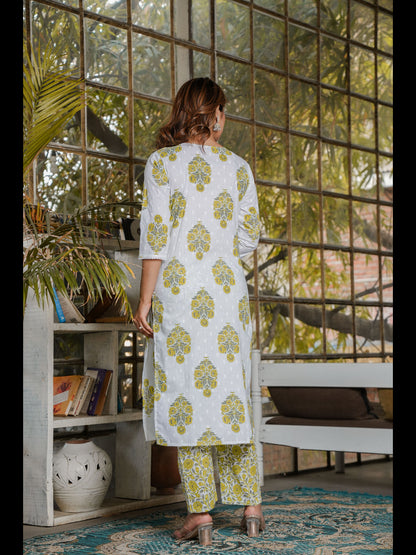 Yellow Straight Cotton Printed Kurta With Pant And Dupatta