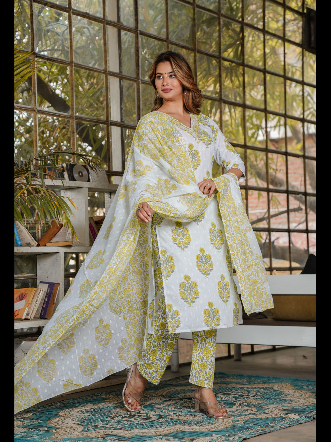 Yellow Straight Cotton Printed Kurta With Pant And Dupatta