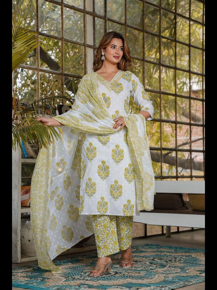 Yellow Straight Cotton Printed Kurta With Pant And Dupatta