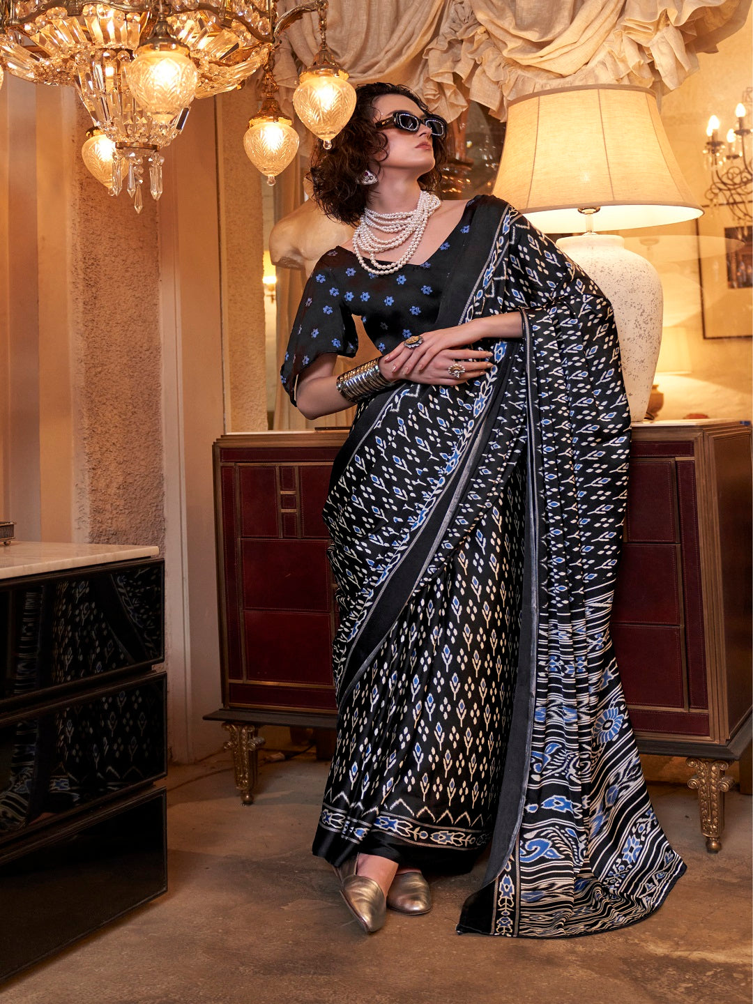 Black Printed Satin Saree with Unstitched Blouse Piece