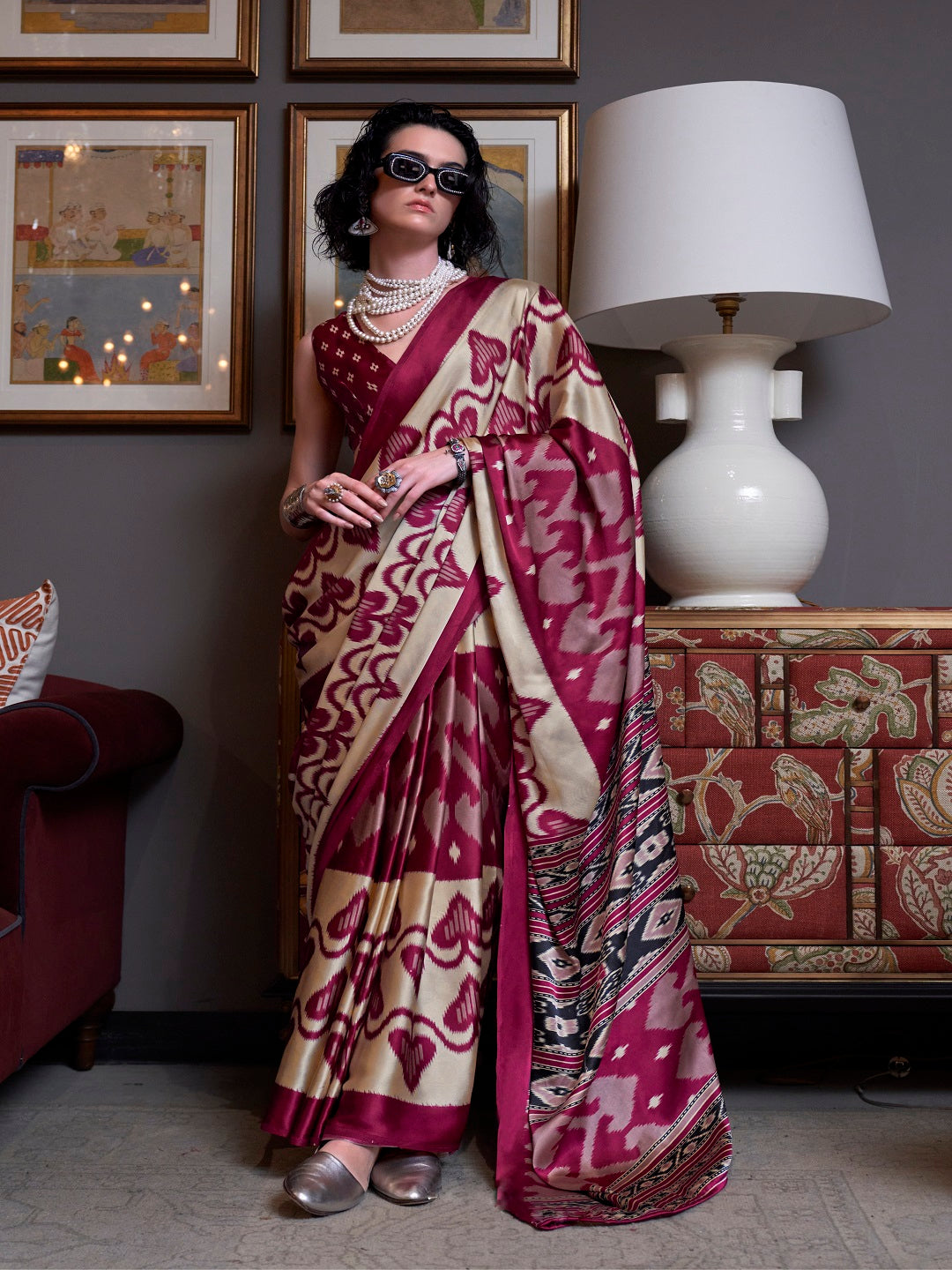 Maroon Printed Satin Saree with Unstitched Blouse Piece