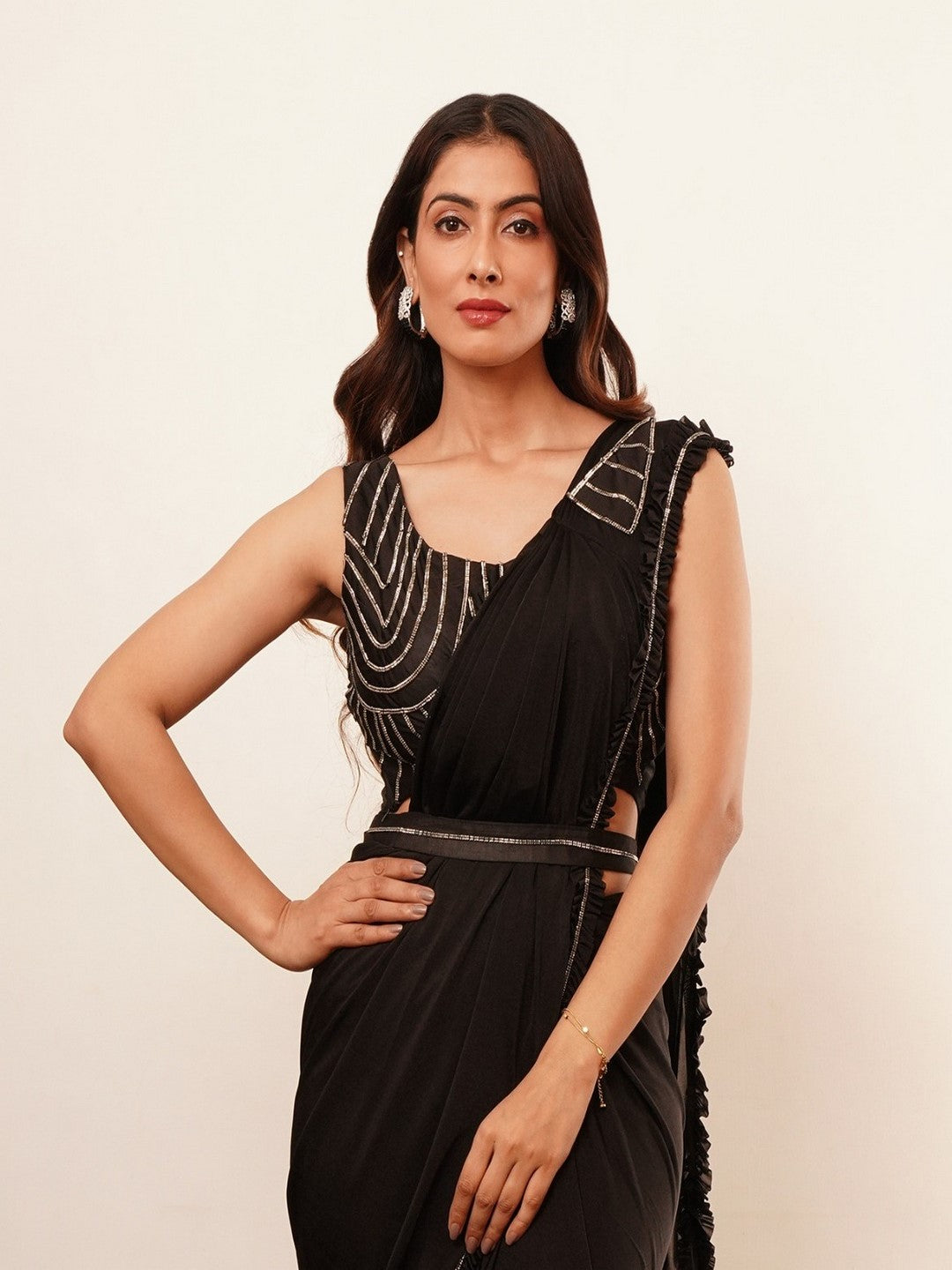 Black Solid & Embroidered Ready To Wear Satin Saree