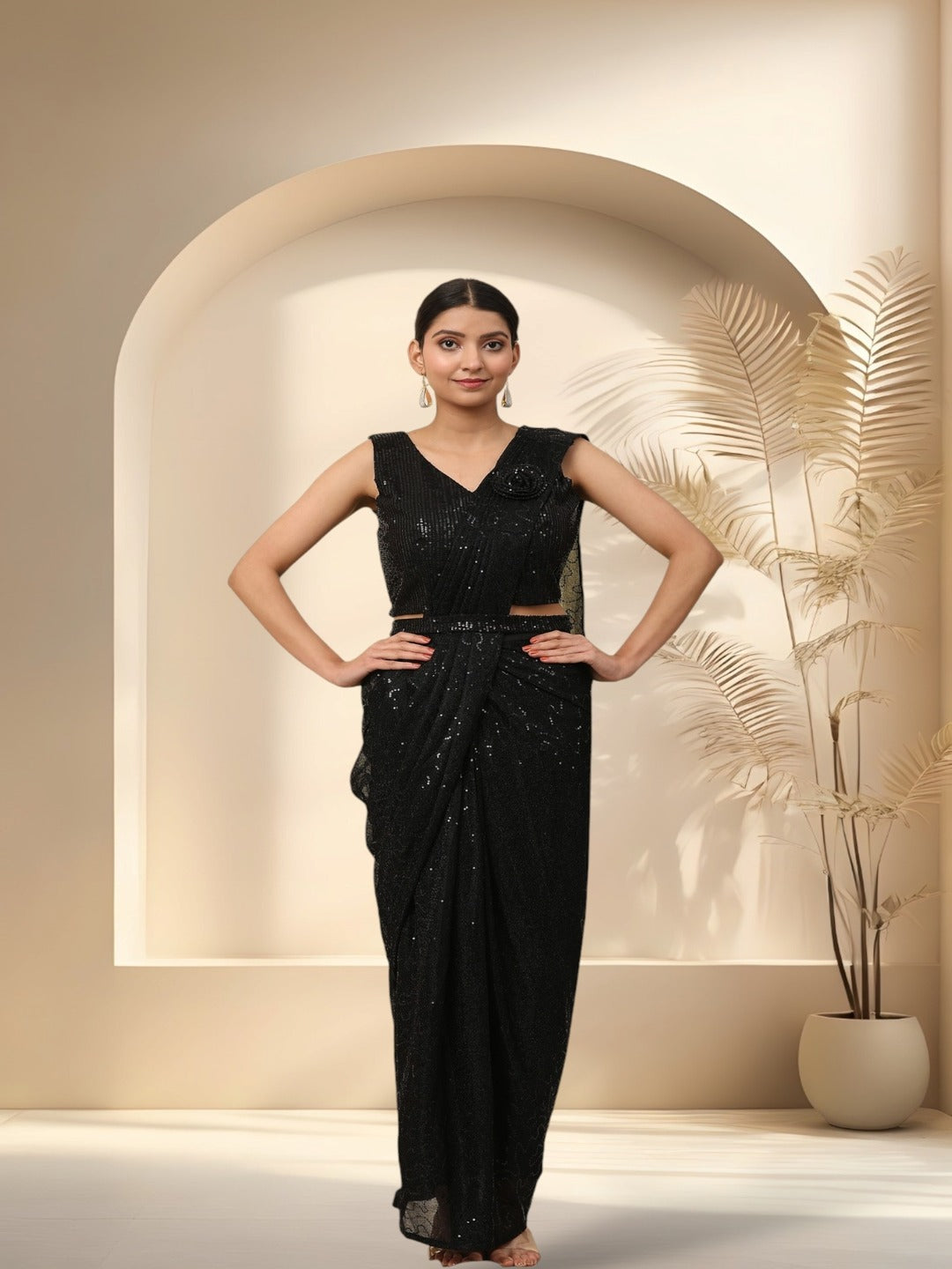Black Sequinned & Belted Ready To Wear Lycra Saree (Pre-Order)