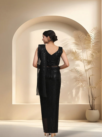 Black Sequinned & Belted Ready To Wear Lycra Saree (Pre-Order)