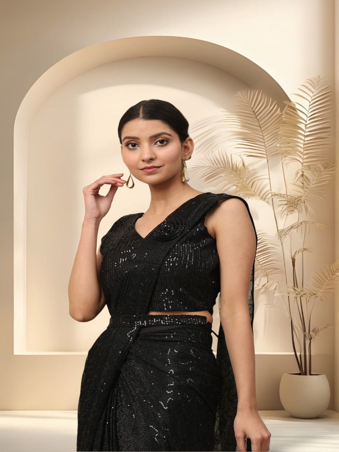 Black Sequinned & Belted Ready To Wear Lycra Saree (Pre-Order)