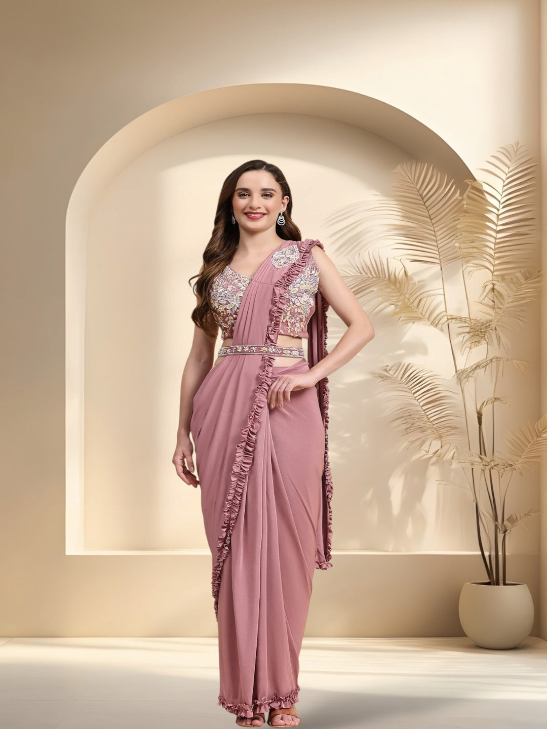Mauve Party Wear Patchwork & Ruffled Ready To Wear Lycra Saree