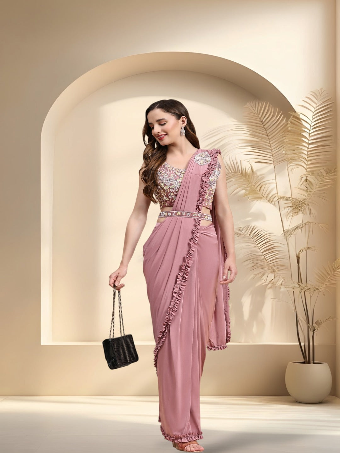 Mauve Party Wear Patchwork &amp; Ruffled Ready To Wear Lycra Saree