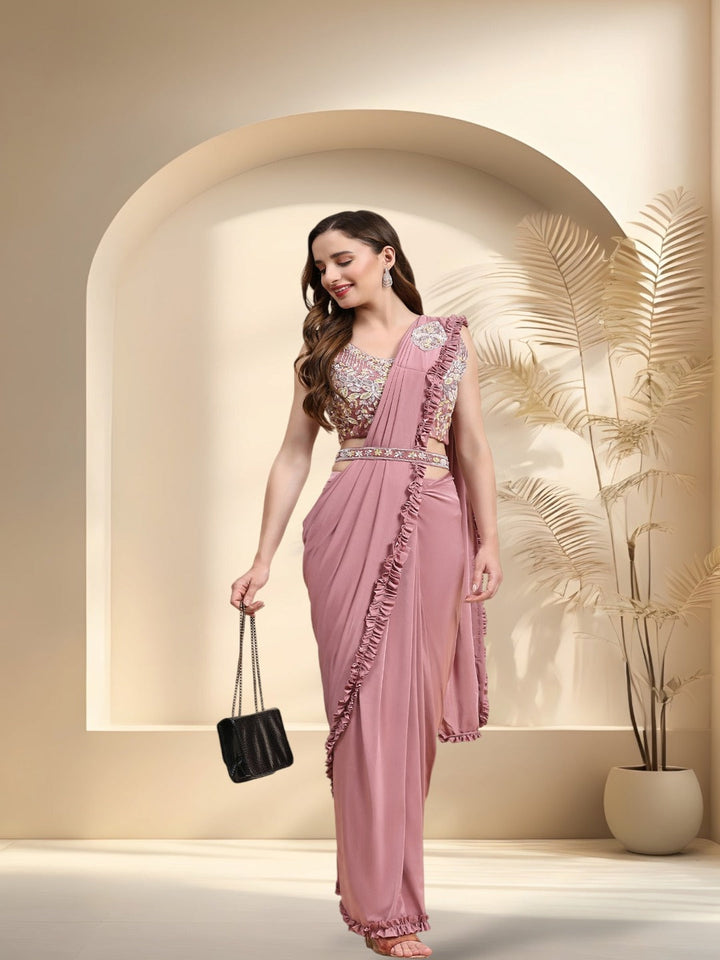 Mauve Party Wear Patchwork &amp; Ruffled Ready To Wear Lycra Saree