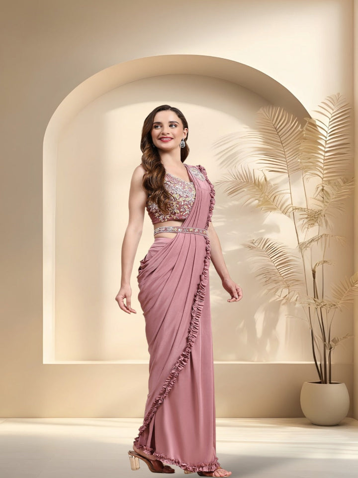 Mauve Party Wear Patchwork &amp; Ruffled Ready To Wear Lycra Saree