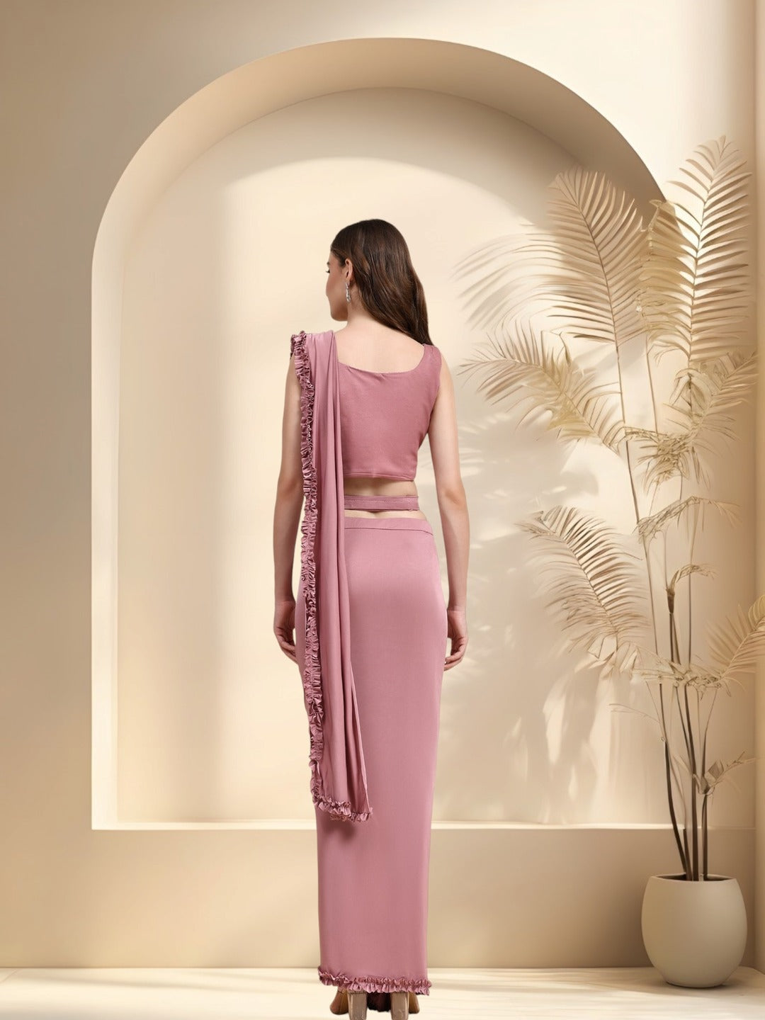 Mauve Party Wear Patchwork &amp; Ruffled Ready To Wear Lycra Saree