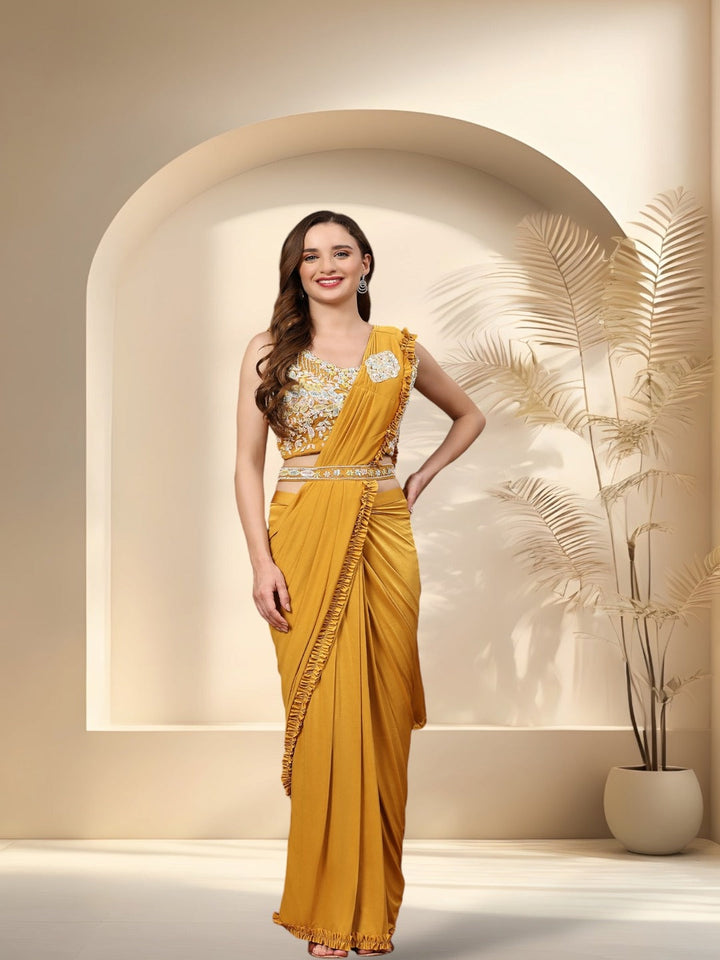 Mustard Party Wear Patchwork &amp; Ruffled Ready To Wear Lycra Saree