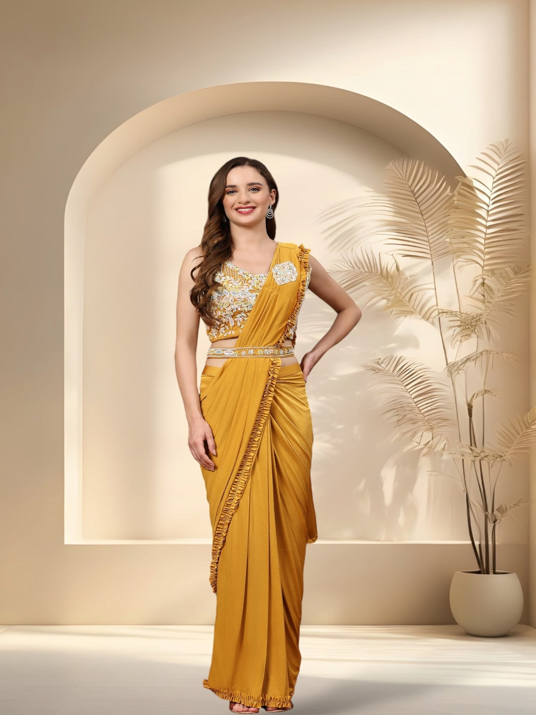 Mustard Party Wear Patchwork & Ruffled Ready To Wear Lycra Saree (Pre-Order)