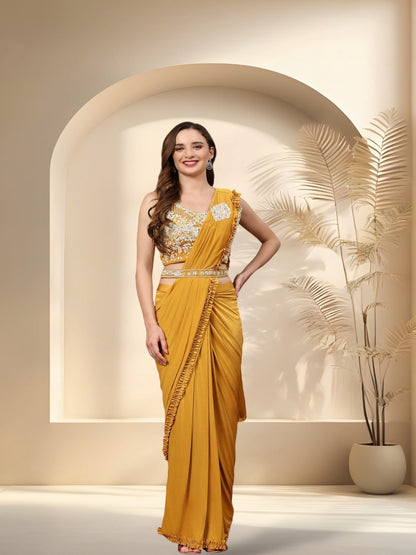 Mustard Party Wear Patchwork & Ruffled Ready To Wear Lycra Saree (Pre-Order)