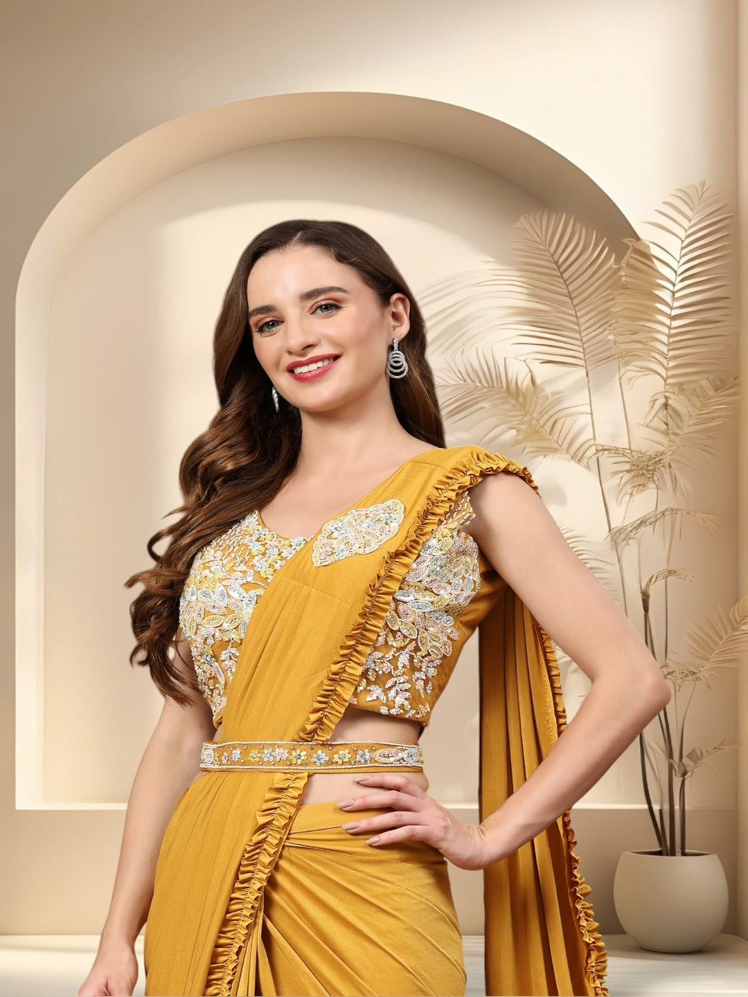 Mustard Party Wear Patchwork &amp; Ruffled Ready To Wear Lycra Saree