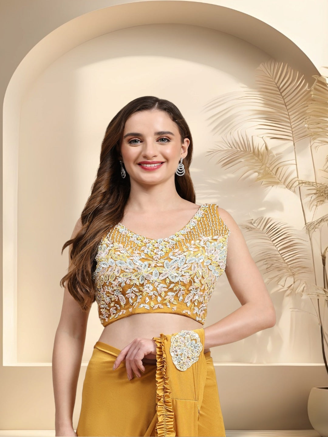 Mustard Party Wear Patchwork &amp; Ruffled Ready To Wear Lycra Saree