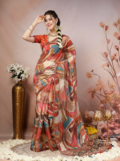Multi Abstract Foil Printed Cotton Blend Saree