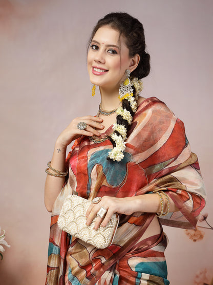 Multi Abstract Foil Printed Cotton Blend Saree