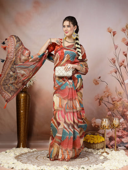 Multi Abstract Foil Printed Cotton Blend Saree