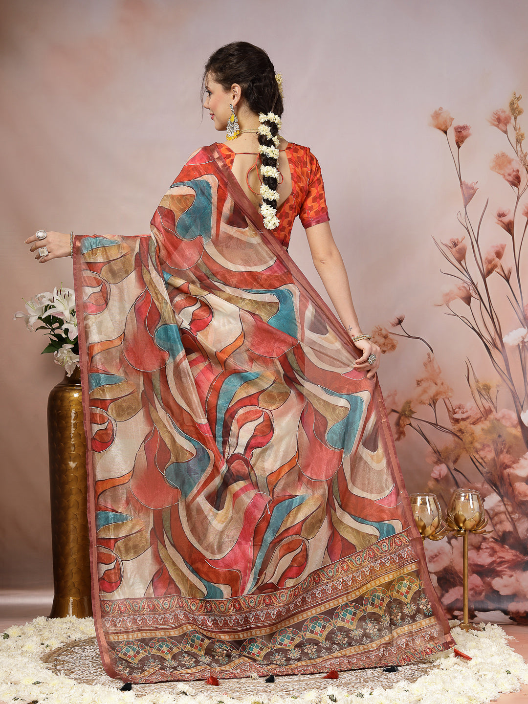 Multi Abstract Foil Printed Cotton Blend Saree